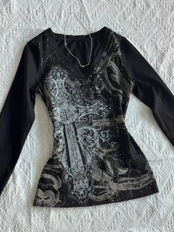 Vintage Gothic Black Long Sleeve Top